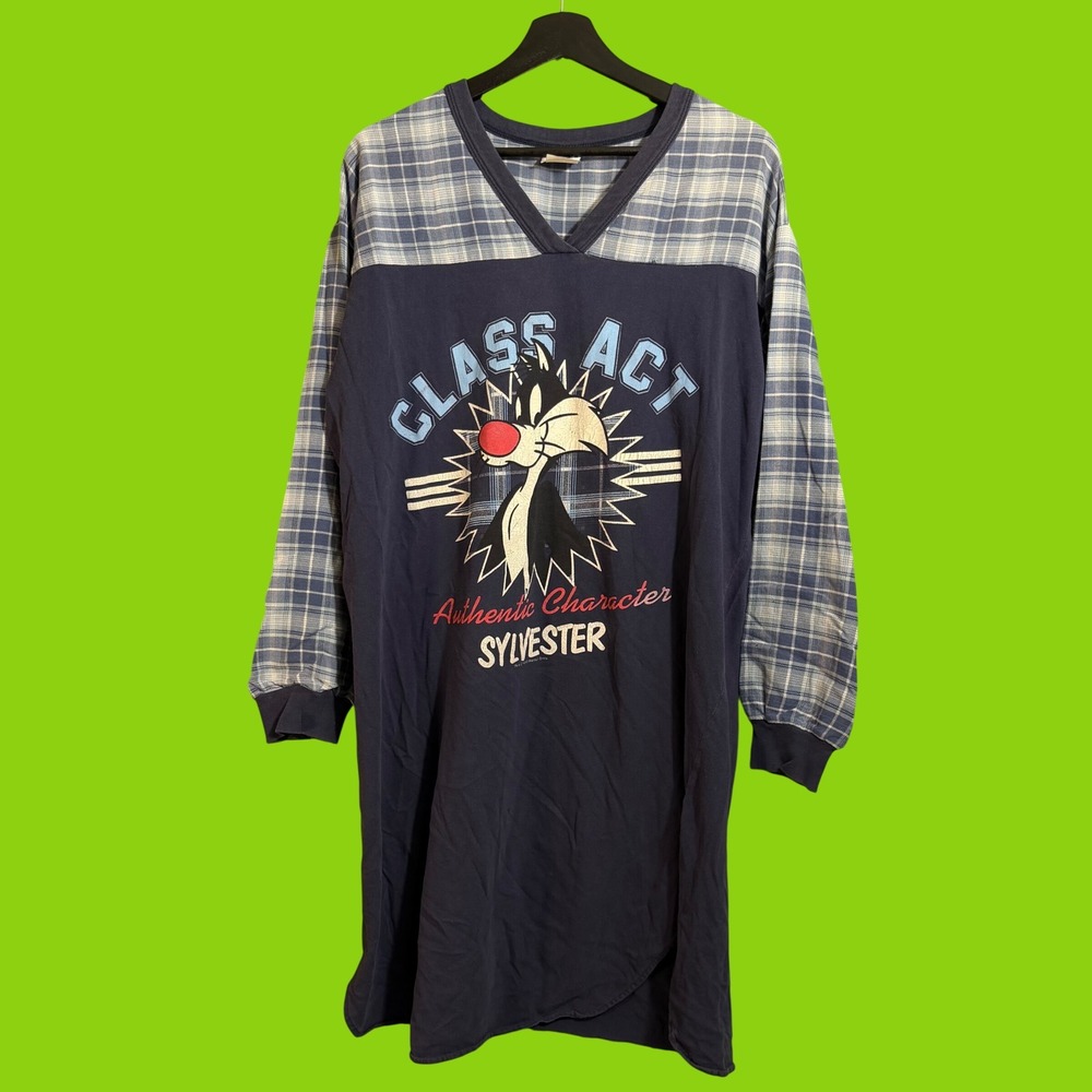 Vintage 1996 Looney Tunes Sylvester Class Act Nightgown Plaid Sleep Shirt XL